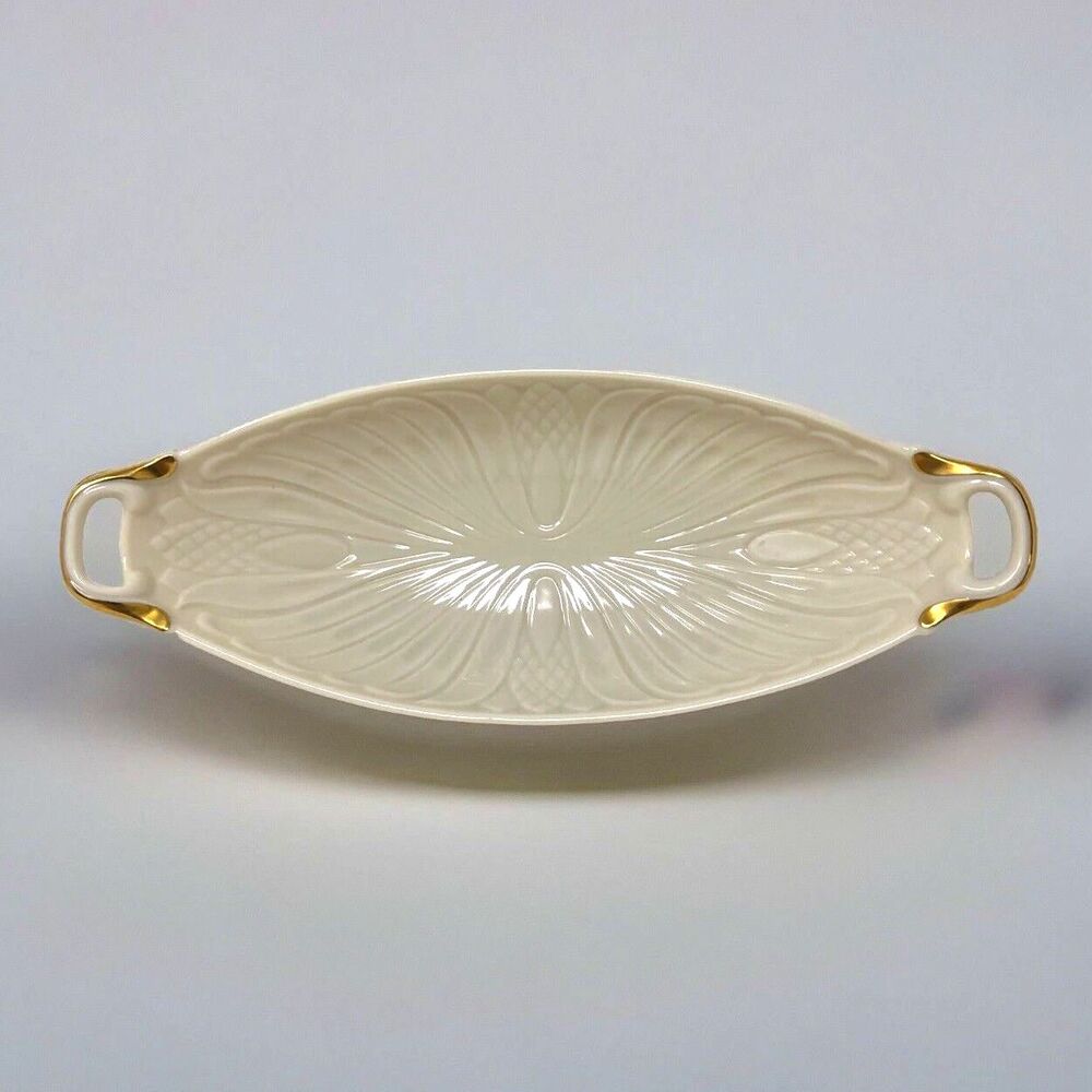 Lenox Monaco Oblong Dish VTG Ivory 24K Gold Trim Handles Pineapple Embossed USA